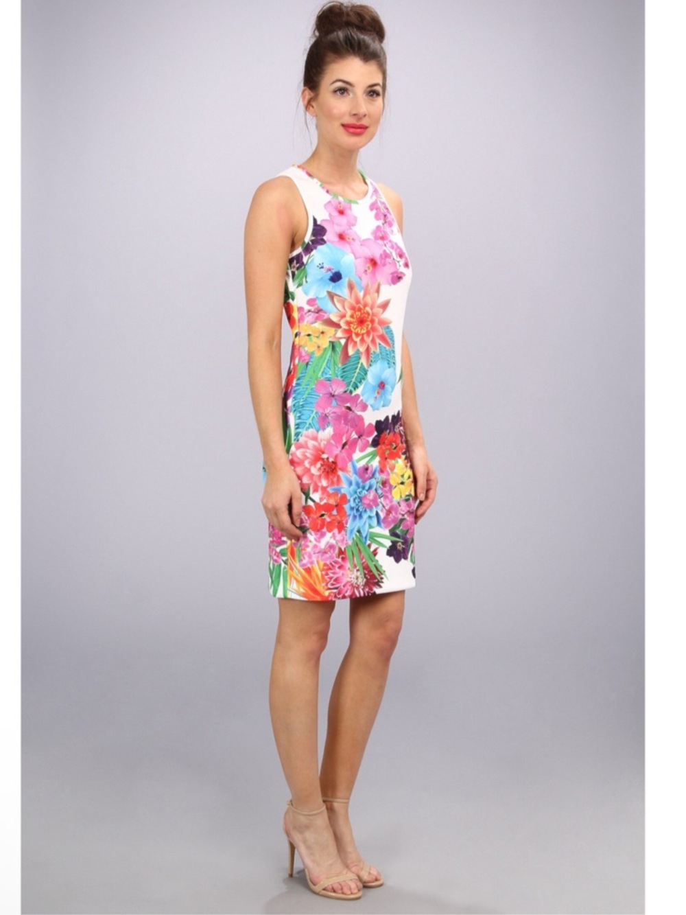 Laundry By Shelli Segal White Floral Midi Dress with Multicolor Print L
